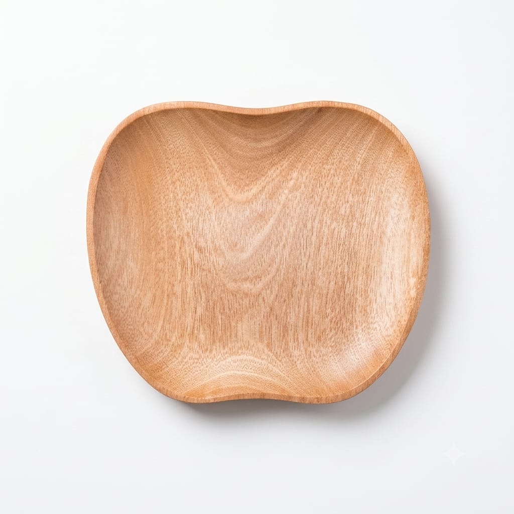 Organic Apple Shape Wooden Platter, Handmade Wavy Rim Plate - Mahogany