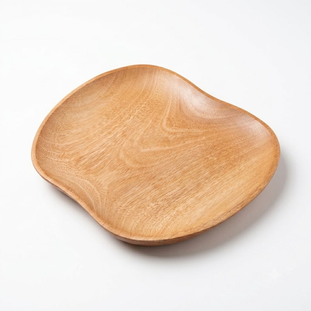 Organic Apple Shape Wooden Platter, Handmade Wavy Rim Plate - Mahogany