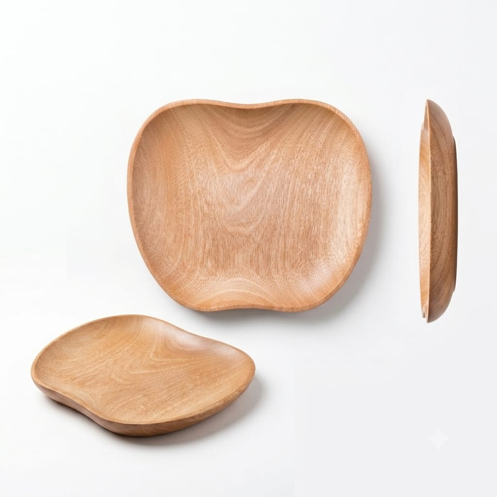 Organic Apple Shape Wooden Platter, Handmade Wavy Rim Plate - Mahogany